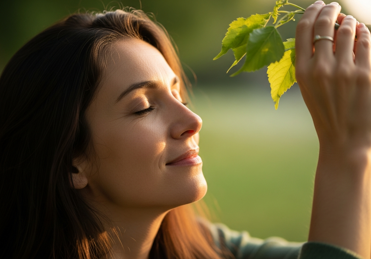 Femme exposant son visage au soleil dans un parc, source naturelle de vitamine D