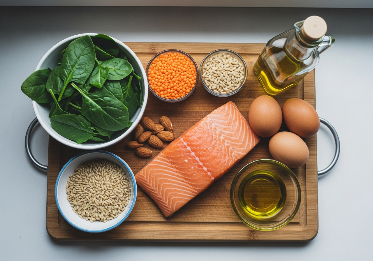 Plan de travail avec aliments riches en nutriments pour corriger les carences