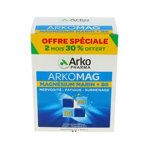 Boîte de 120 gélules Arkomag Magnésium B6 associant magnésium marin et vitamine B6