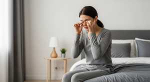 Femme assise au bord de son lit se frottant les yeux au réveil, signe de fatigue liée à un manque de magnésium
