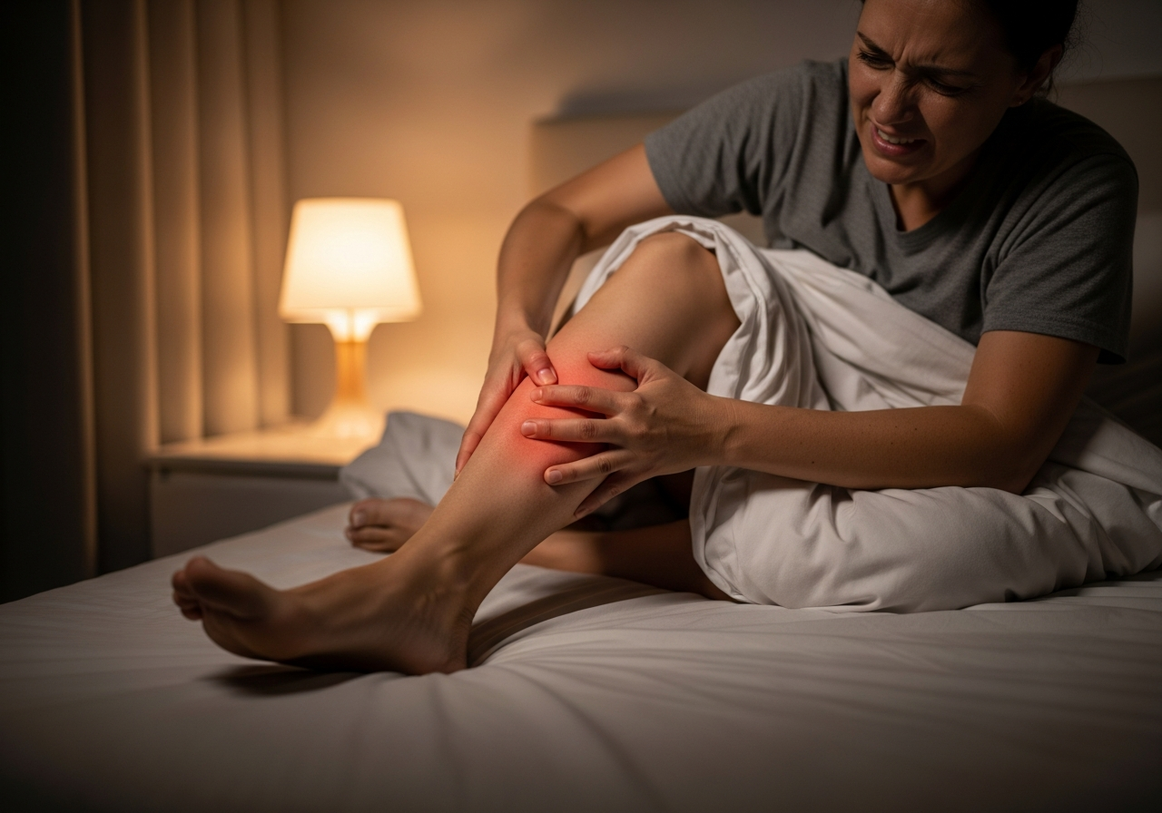 Personne se tenant le mollet dans son lit la nuit à cause d'une crampe musculaire