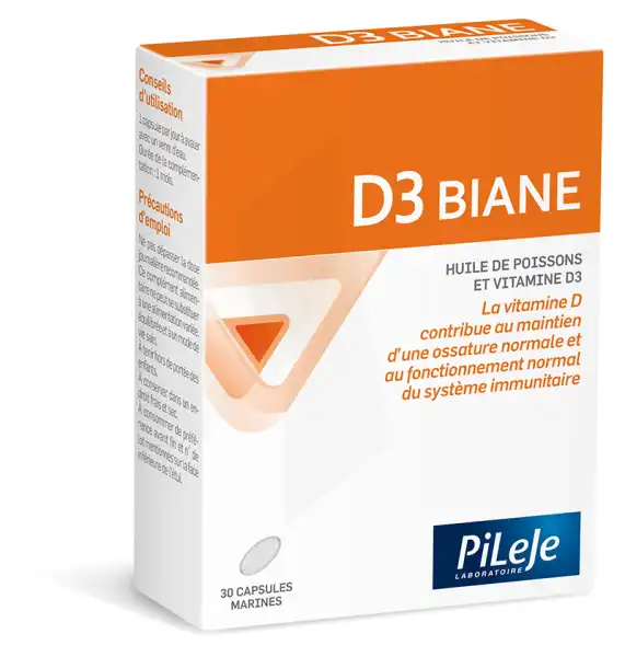 Boîte Pileje D3 Biane 30 capsules de vitamine D3 dosée à 200 UI