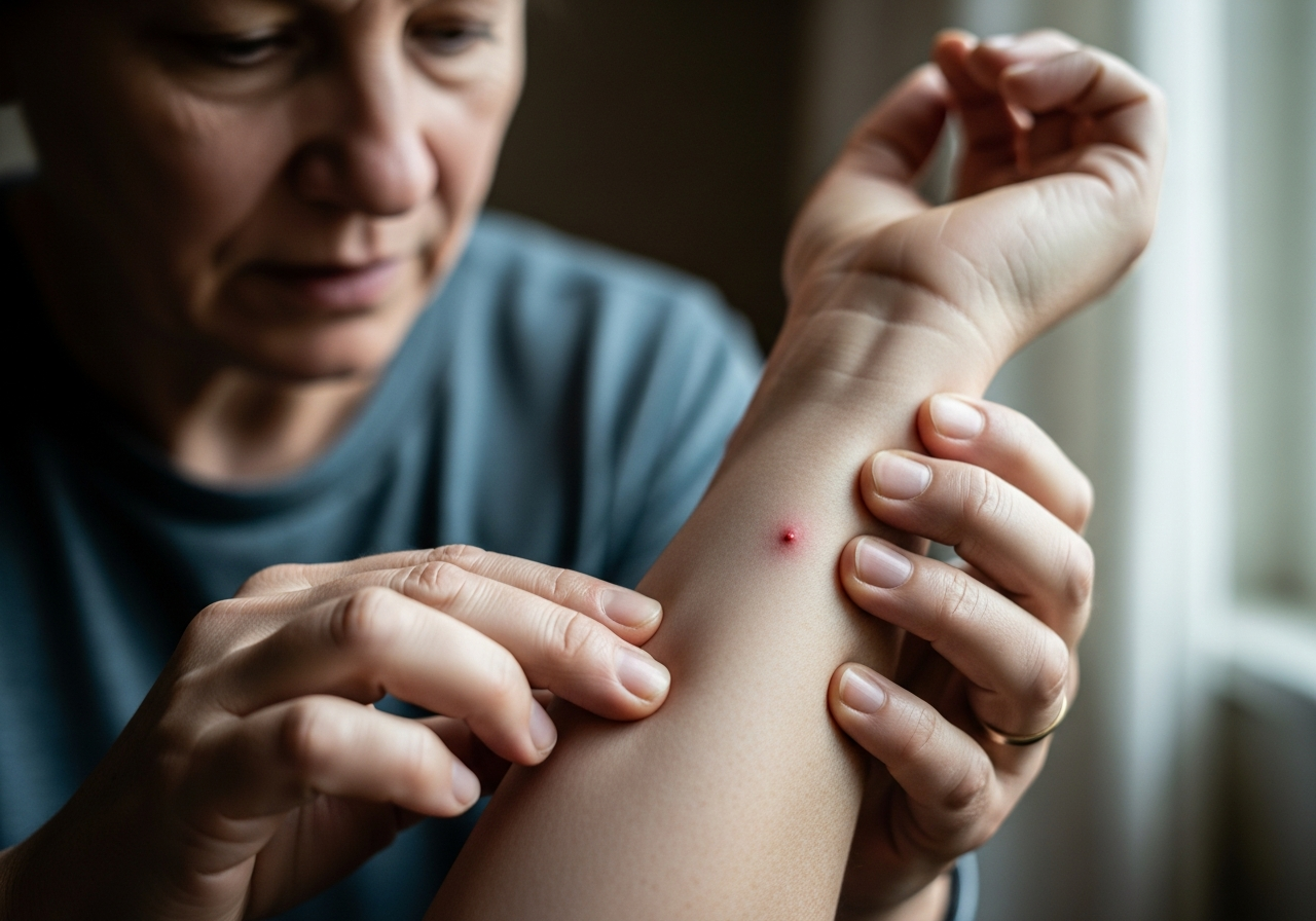 Adulte attentif observant un avant-bras pour repérer les signes d'allergie après piqûre