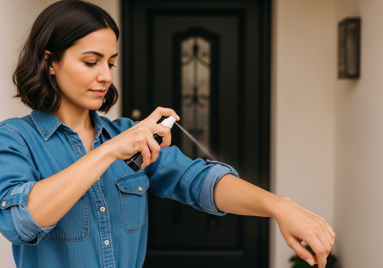 Femme appliquant un spray répulsif anti-moustique sur ses bras avant une sortie en extérieur