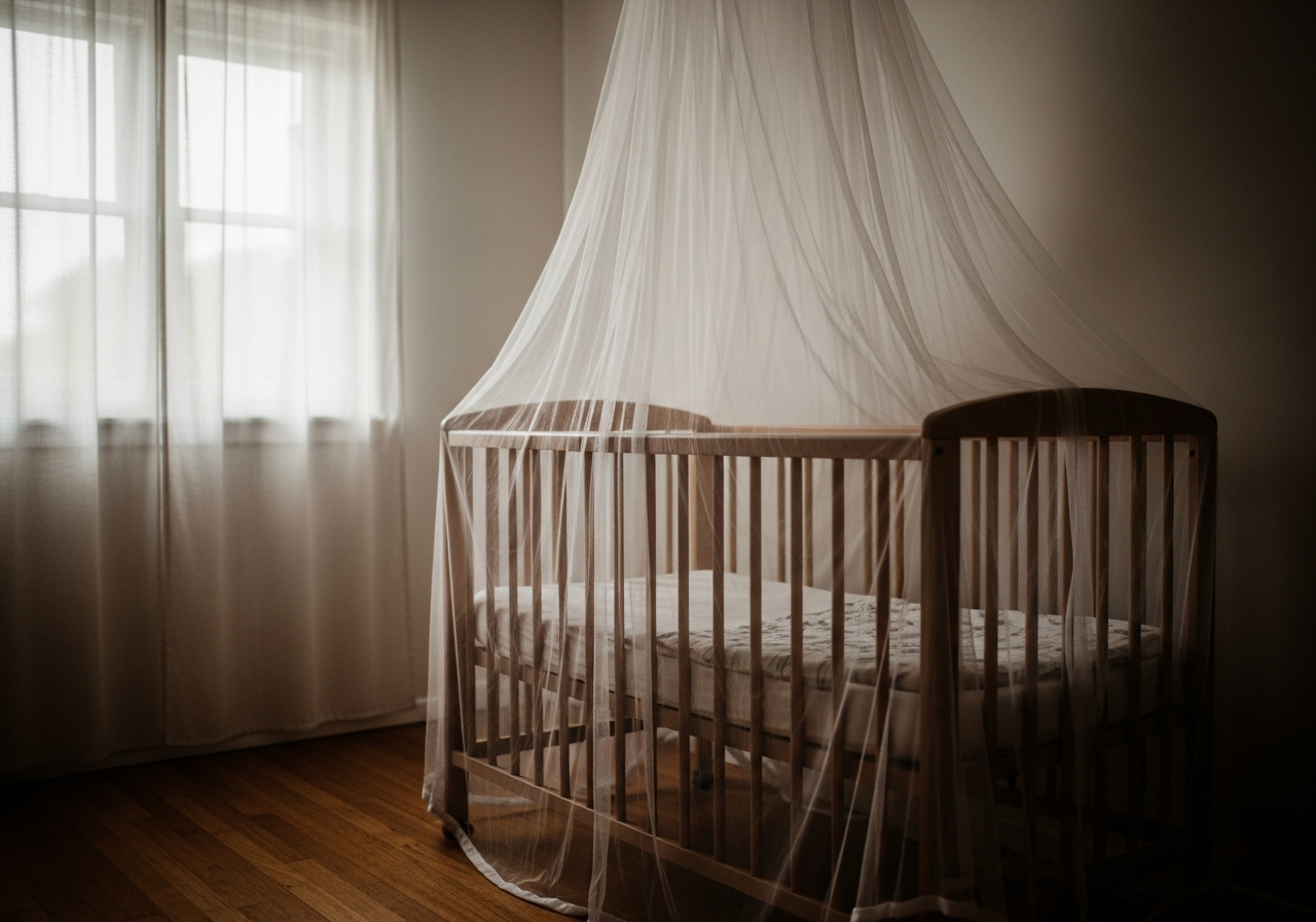 Berceau en bois protégé par une moustiquaire blanche fine dans une chambre ensoleillée