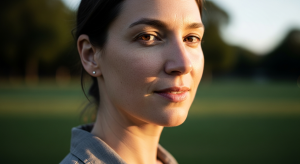 Femme dans la trentaine au soleil, peau présentant de fines marques de photovieillissement, lumière naturelle de fin d’après-midi.