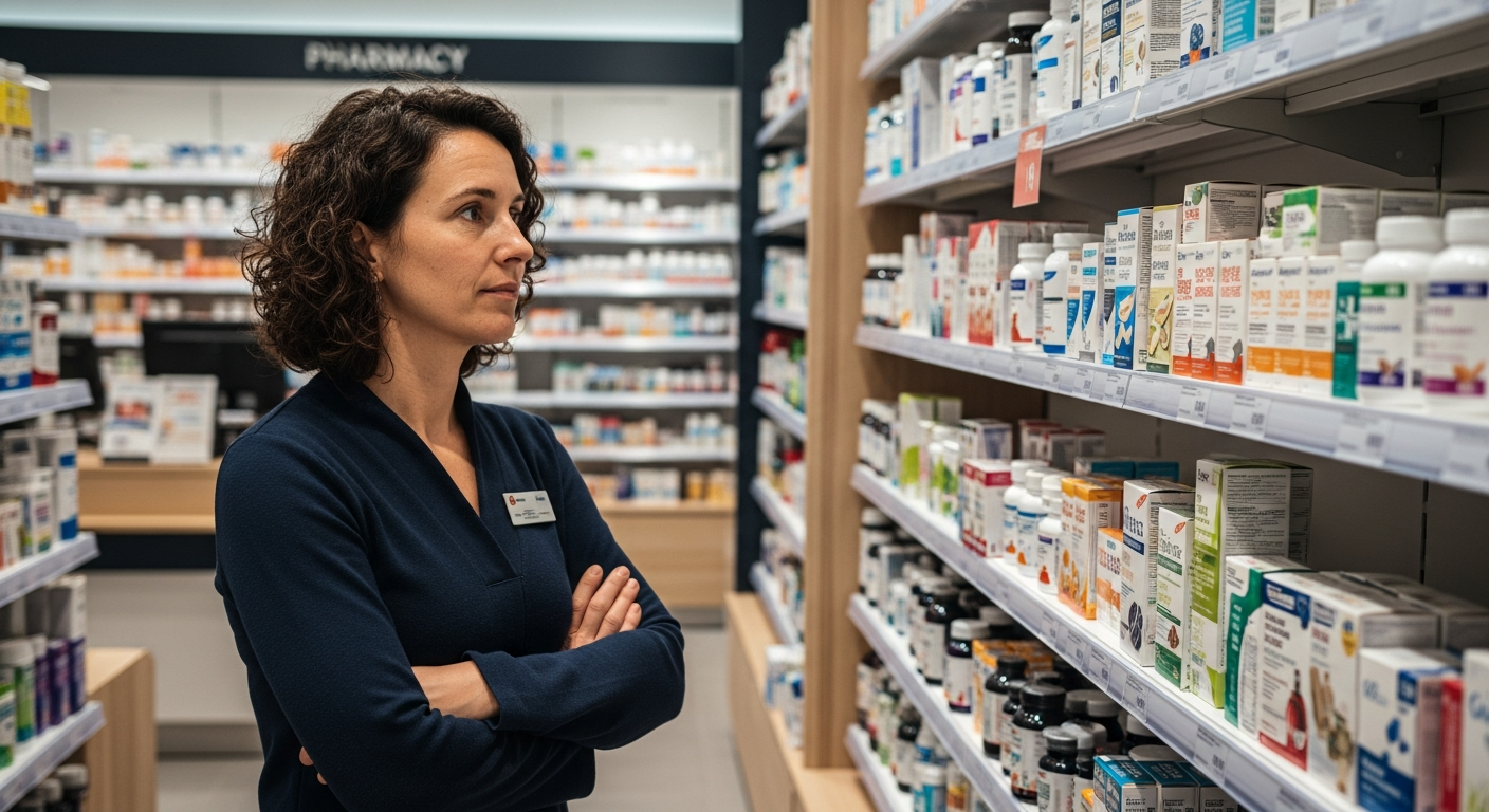 Perte de poids: Femme pensive face au rayon des complements minceur d'une pharmacie