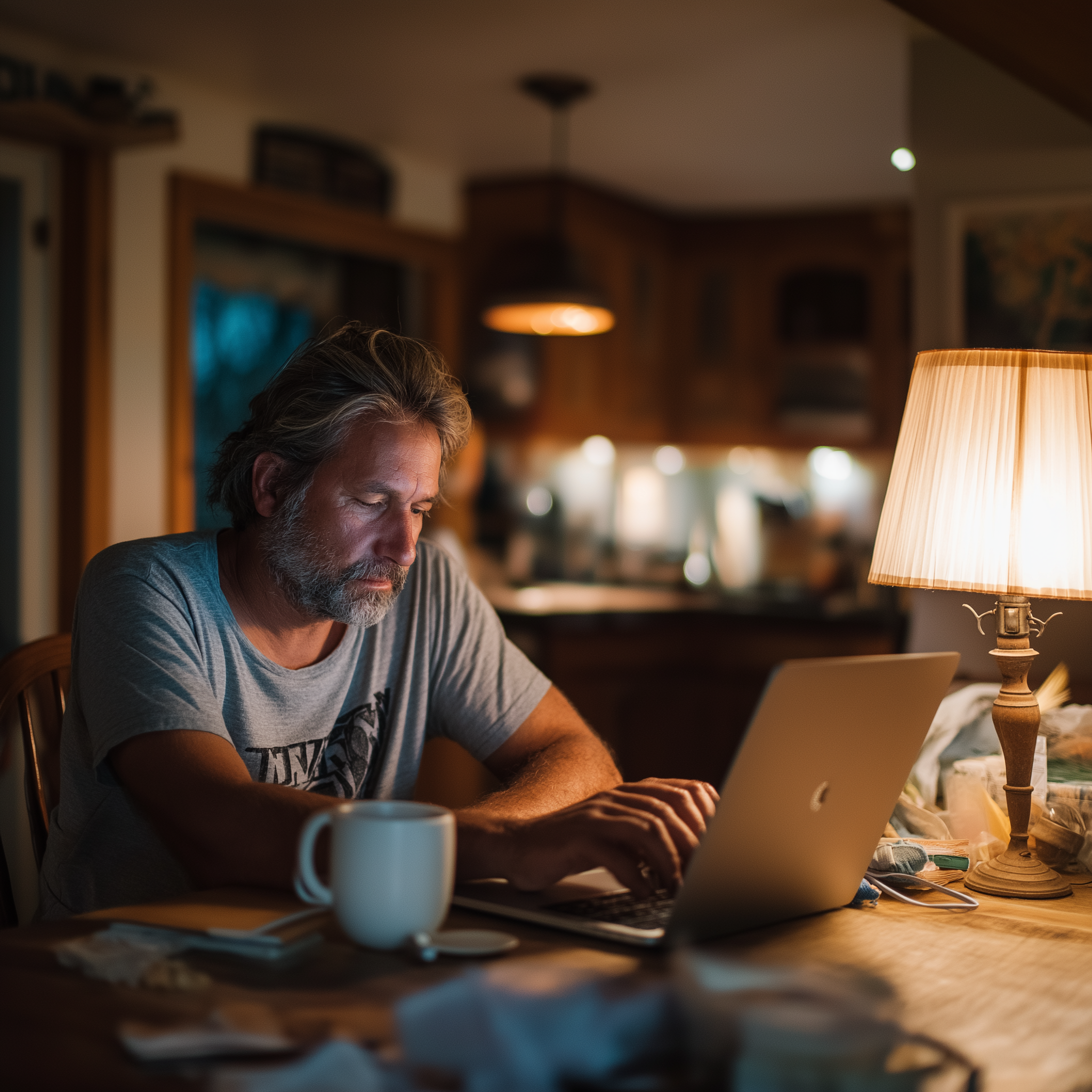 Adulte fatigué travaillant tard le soir sur son ordinateur portable dans une cuisine éclairée par une lampe chaude