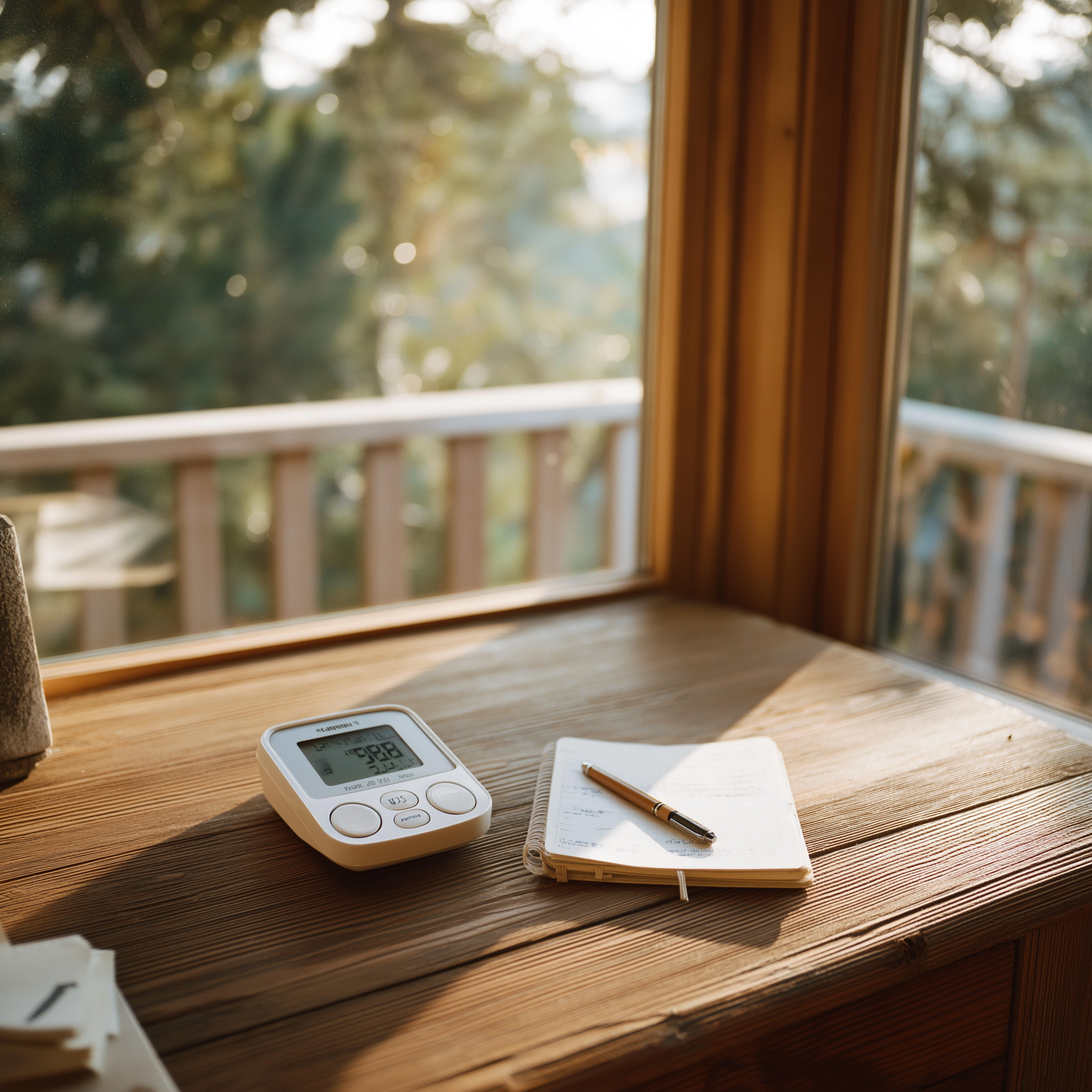 Comptoir d'officine indépendante avec produits bien-être disposés sur un plateau en bois, ambiance lumineuse et chaleureuse