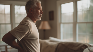 Homme se tenant le bas du dos à la maison, signe de mal de dos