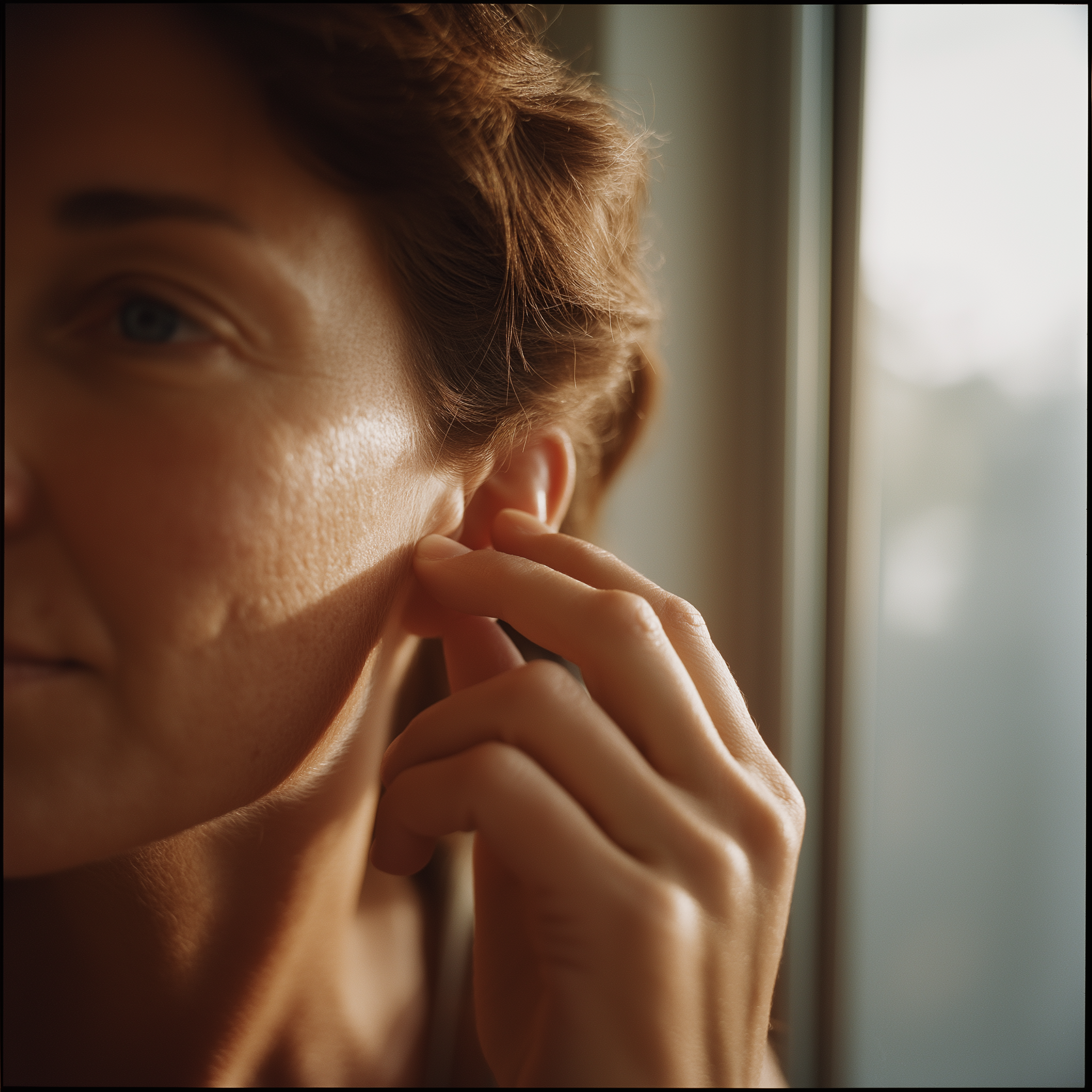 Gros plan d'une main qui appuie doucement sur le tragus de l'oreille devant un miroir