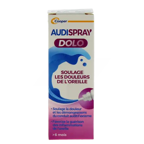 Flacon Audispray Dolo gouttes auriculaires sur fond clair