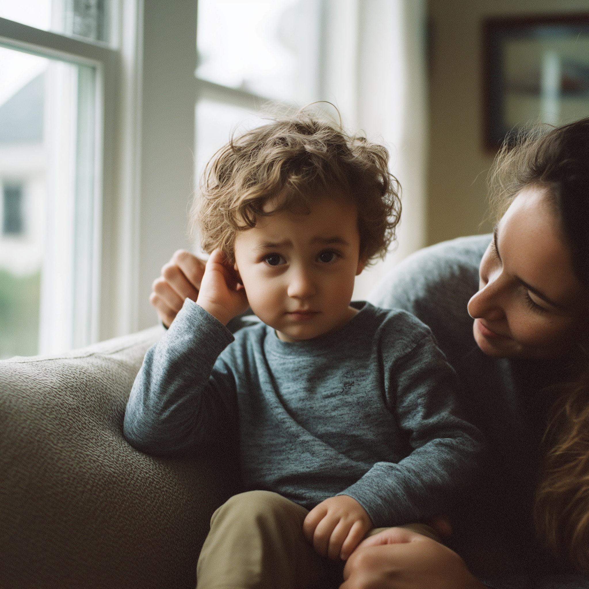 Jeune enfant sur les genoux d'un parent en train de se tirer l'oreille