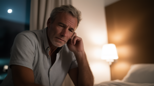 Adulte souffrant d'une douleur à l'oreille la nuit, assis sur le bord du lit, main sur l'oreille