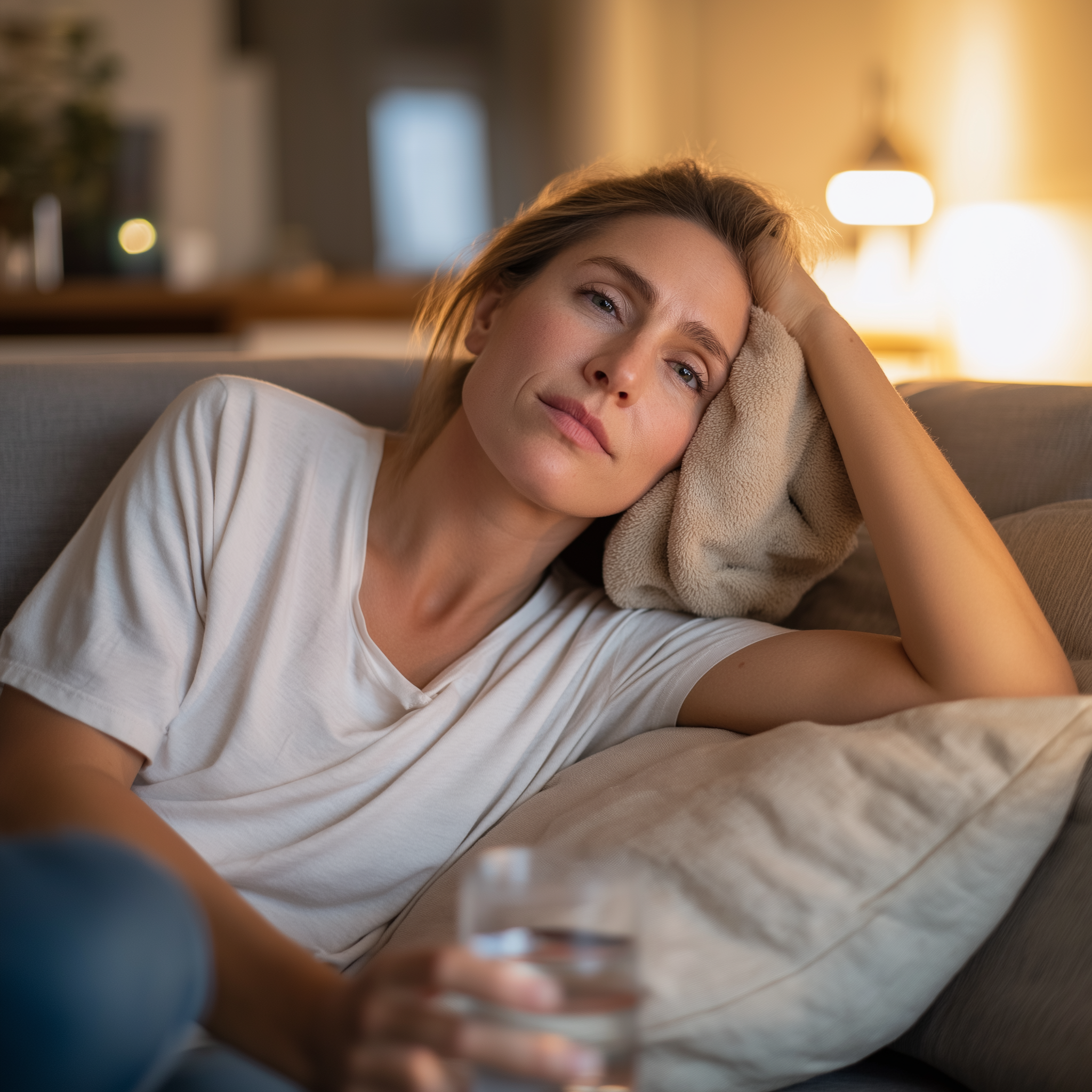 Adulte allongé sur un canapé avec une compresse chaude sur l'oreille et un verre d'eau à côté