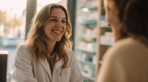 Pharmacienne souriante au comptoir expliquant un traitement à une jeune patiente, ambiance bienveillante