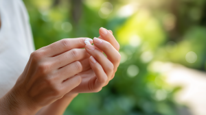 Gros plan de mains appliquant une crème hydratante blanche en été, légères rougeurs d'eczéma sur les doigts
