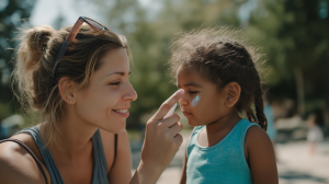 Parent appliquant un stick solaire sur le nez et les oreilles d'un enfant dans un parc ensoleillé