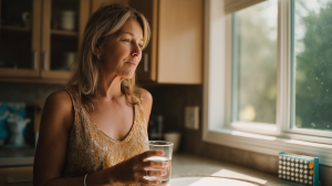 Femme près d'une fenêtre en plein été, un verre d'eau à la main, face à son pilulier posé sur le plan de travail