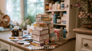 Armoire à pharmacie débordant de boîtes de médicaments empilées sur une étagère de salle de bain