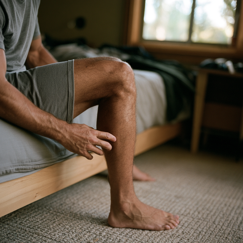 Gros plan d'un mollet tendu la nuit, une main touchant le muscle contracté