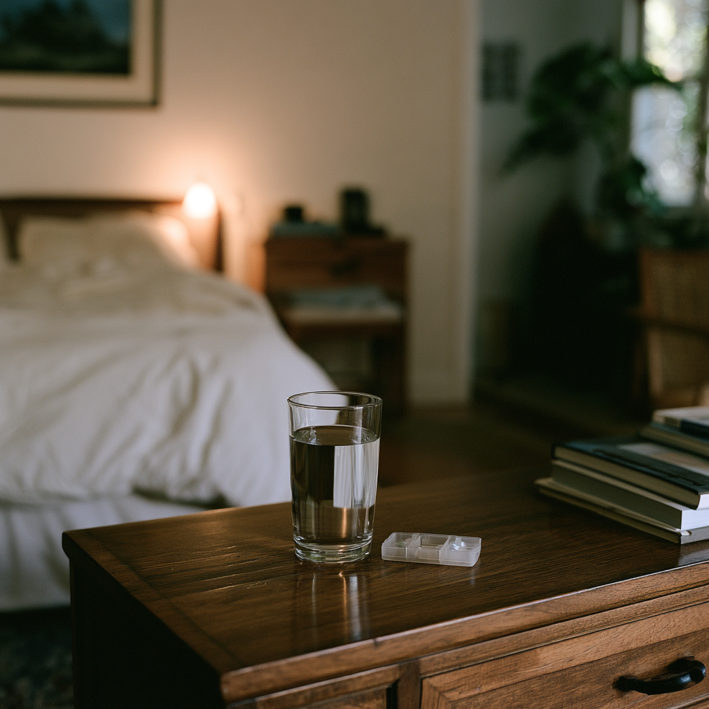 Verre d'eau et complément magnésium sur une table de nuit le soir