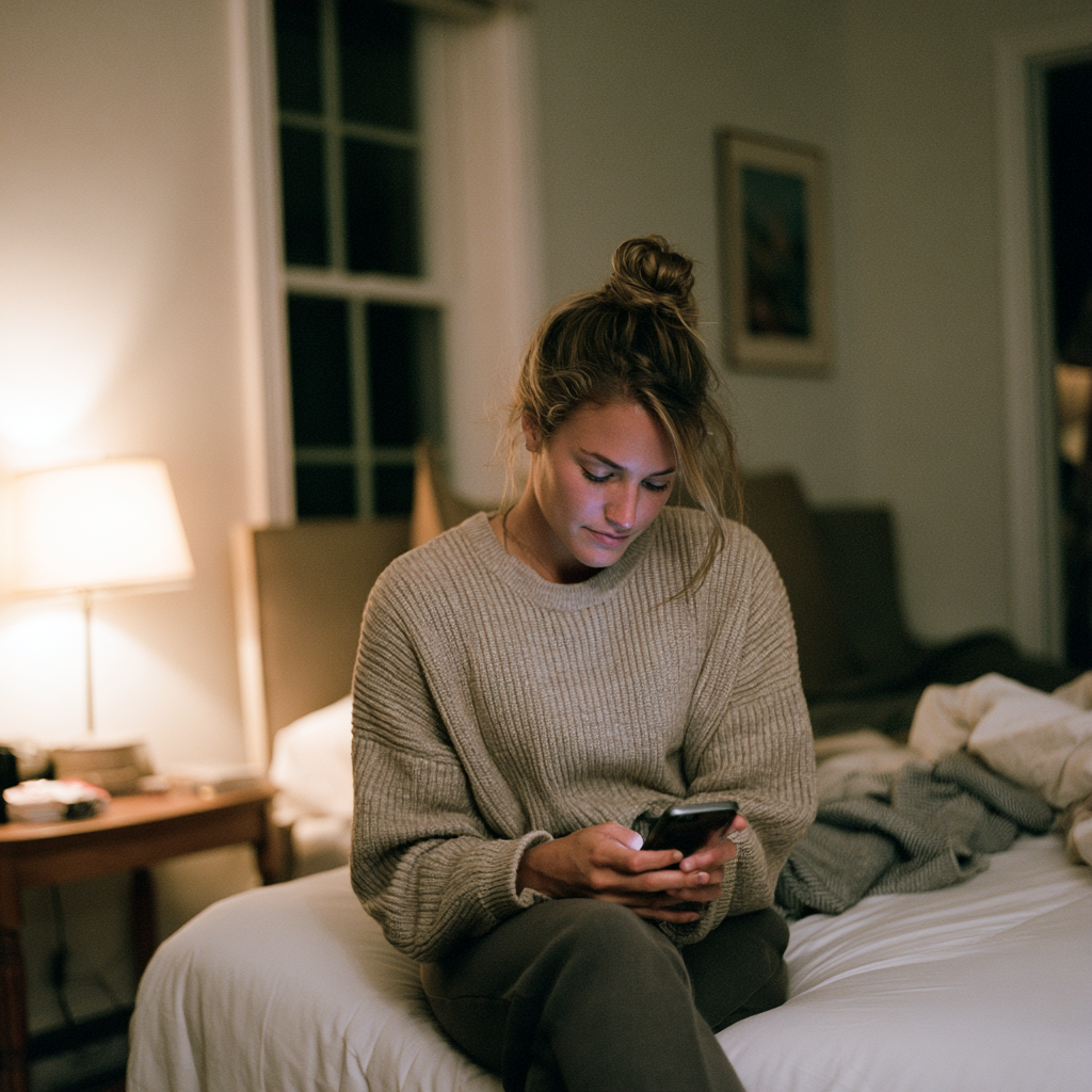 Personne pensive consultant son téléphone le soir dans sa chambre