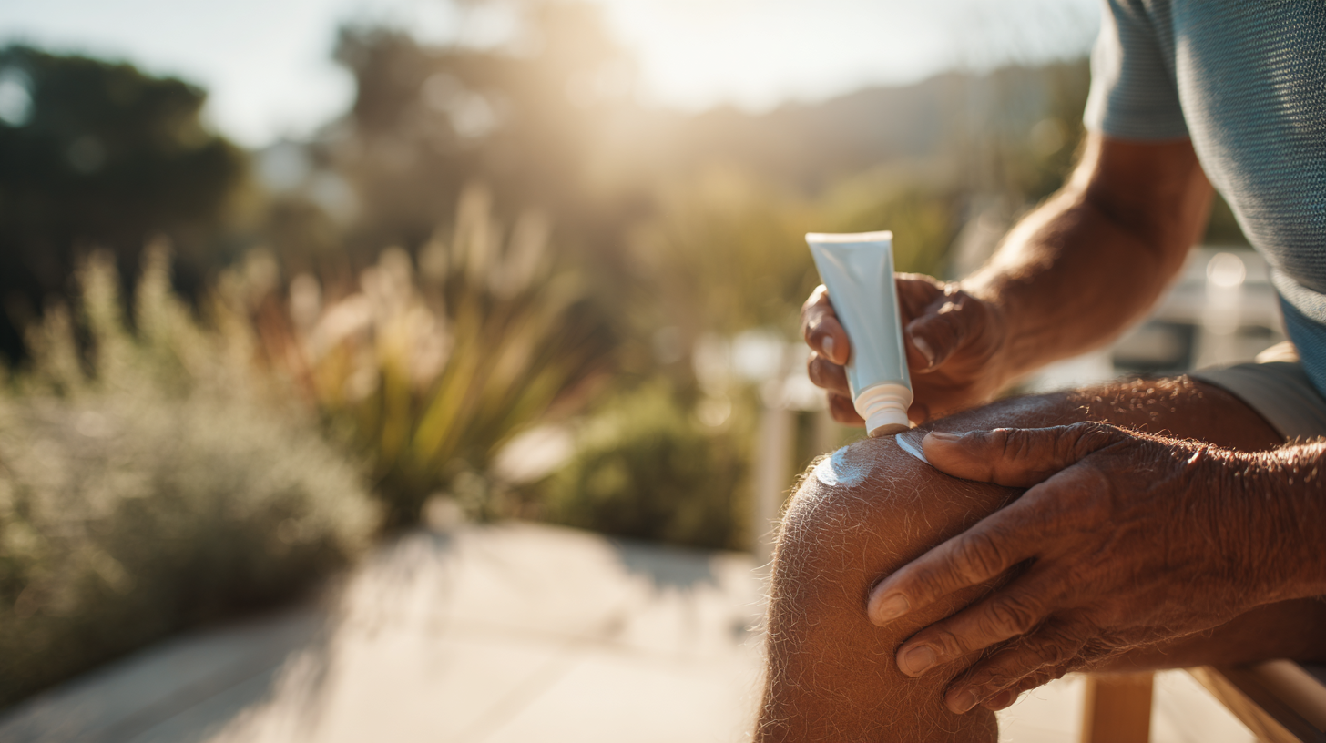 Main d'adulte appliquant un gel sur un genou en extérieur, lumière chaude du soleil