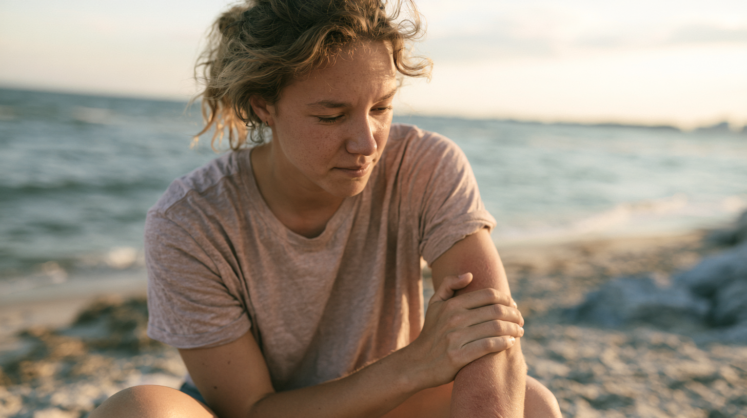 Adulte assis sur une plage se tenant l'avant-bras après une piqûre de méduse