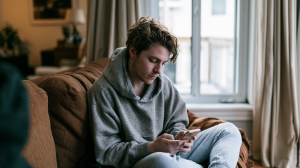 Jeune adulte sur un canapé, tête penchée vers son smartphone, posture du cou en avant, lumière du jour