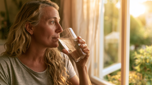 Femme d'une quarantaine d'années buvant un verre d'eau fraîche près d'une fenêtre ouverte par forte chaleur
