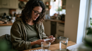 Femme enceinte assise à une table tenant une plaquette de paracétamol et un verre d'eau