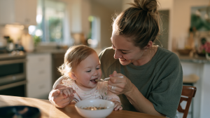 Jeune parent donnant une cuillère de purée à un bébé dans la cuisine