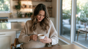 Femme enceinte tenant une tasse de café dans sa cuisine