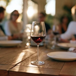 Personne attablée à la maison avec un verre de vin rouge