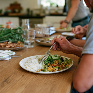 Personne préparant un repas sain dans sa cuisine le matin
