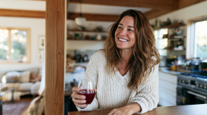 Jeune femme tenant un verre de jus de canneberge dans sa cuisine