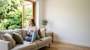 Personne au repos sur son canapé avec une tisane et une écharpe