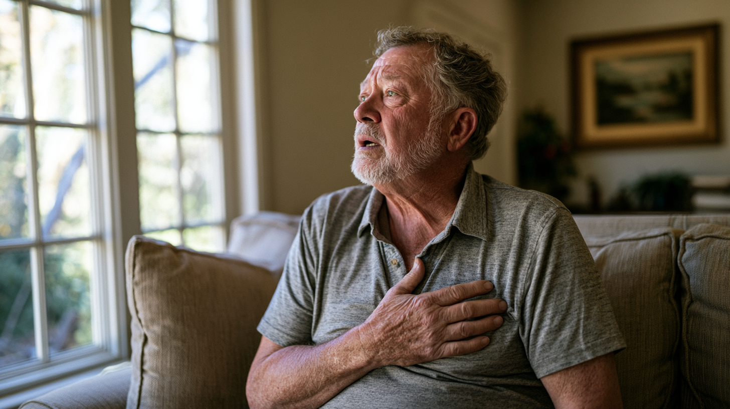 Homme senior assis sur son canapé, essoufflé, une main posée sur la poitrine