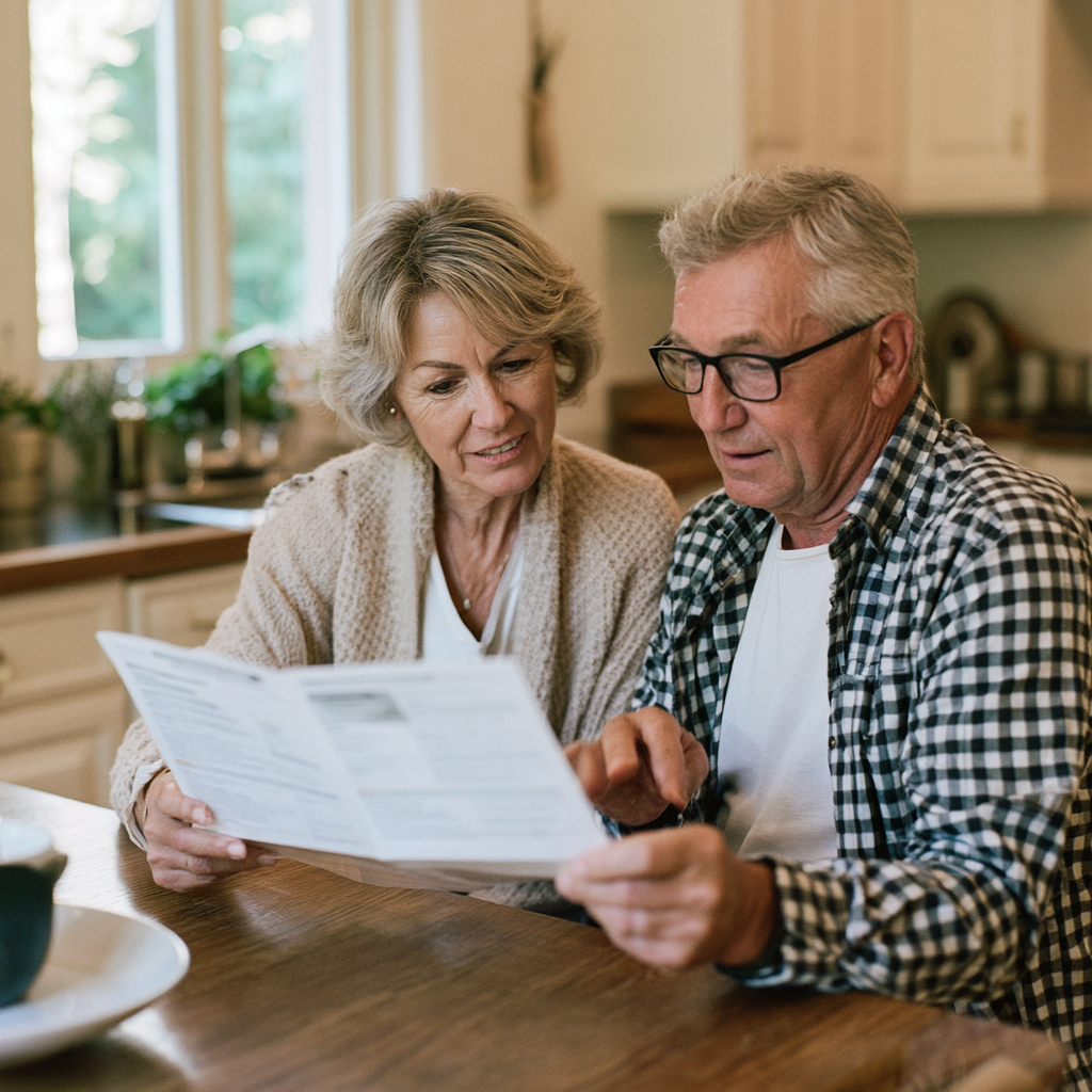 Couple senior lisant une brochure santé à la table de la cuisine