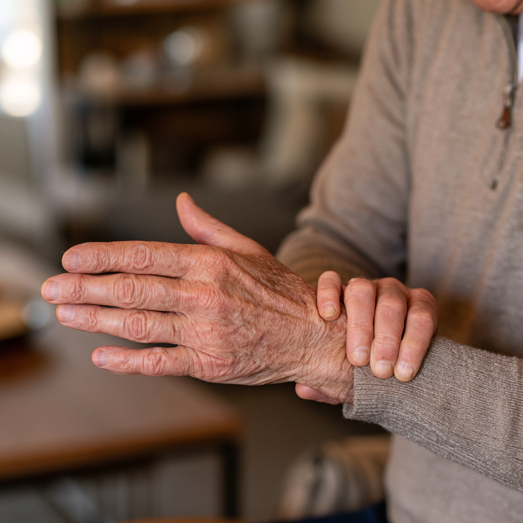 Gros plan sur les mains d'un homme senior qui masse son poignet douloureux