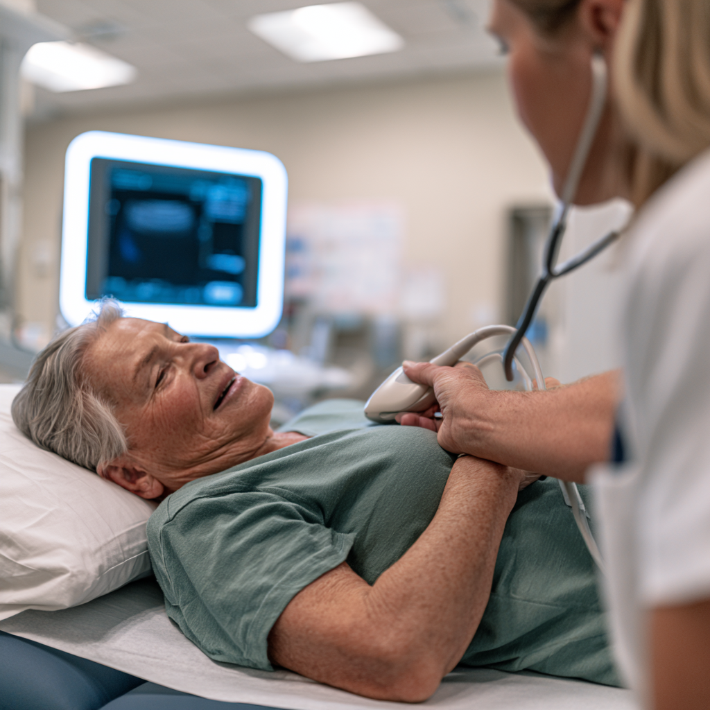 Patient senior lors d'une échographie cardiaque avec un soignant
