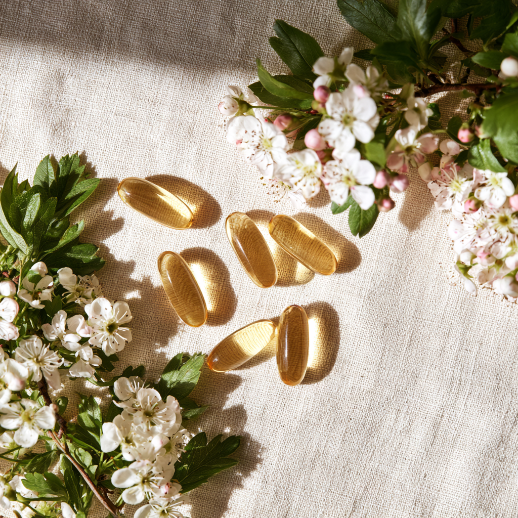 Capsules d'oméga-3 et fleurs d'aubépine disposées sur une surface claire