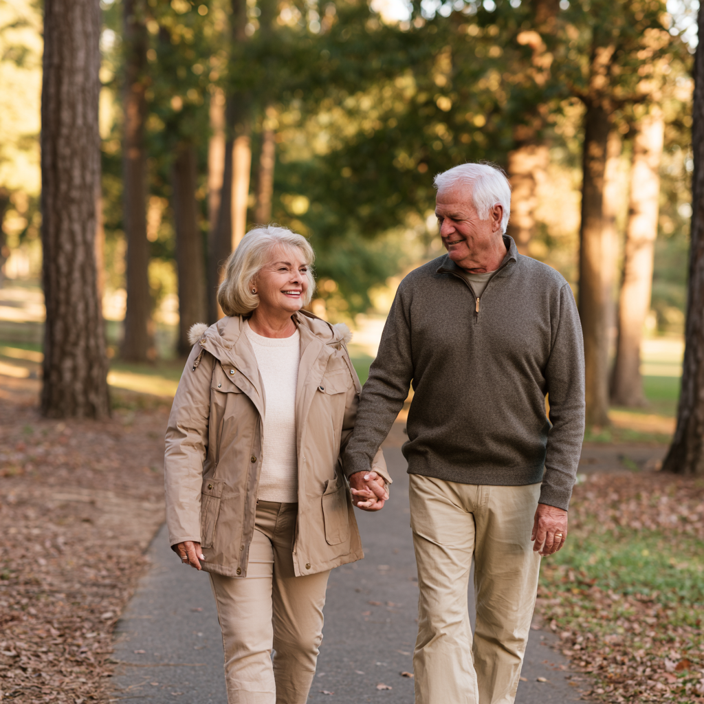 Couple senior marchant tranquillement dans un parc en fin de journée