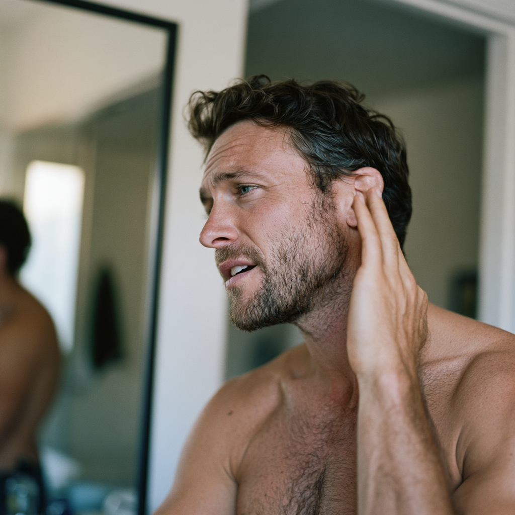 Jeune homme touchant son oreille devant un miroir, l'air interrogateur