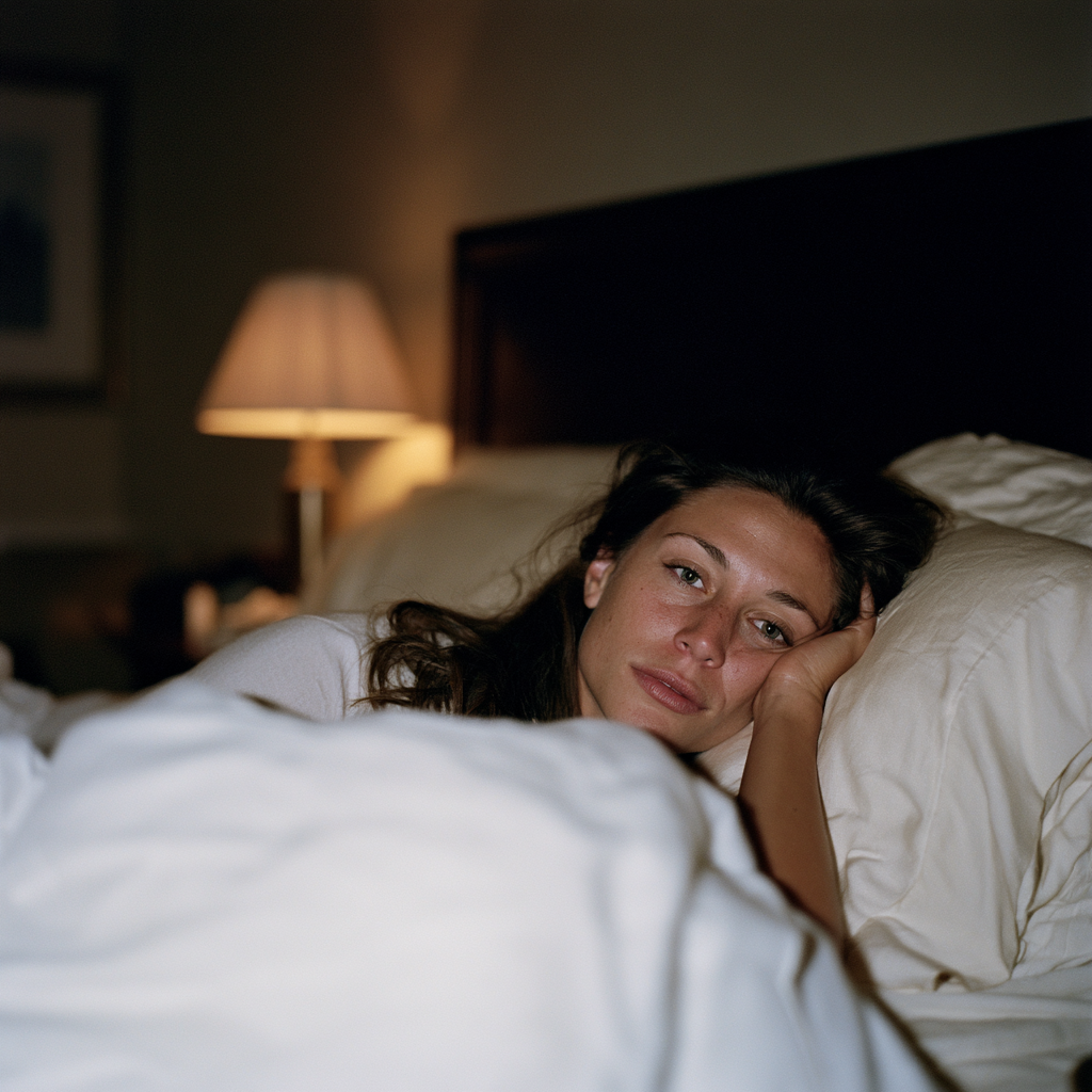 Femme allongée dans son lit les yeux ouverts la nuit, incapable de dormir