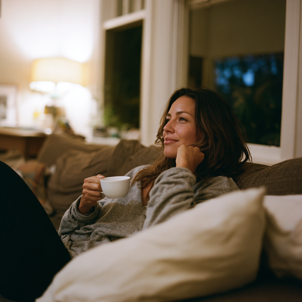 Personne détendue le soir prenant soin de son sommeil dans une ambiance chaleureuse