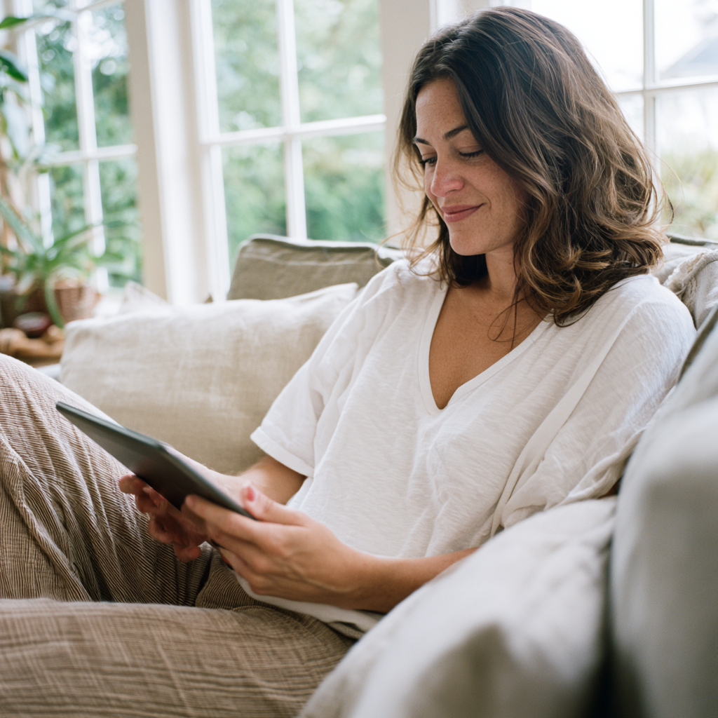 Personne cherchant des réponses sur sa tablette, l'air rassuré