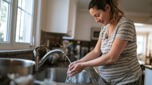 Femme enceinte se lavant soigneusement les mains à l'évier de sa cuisine
