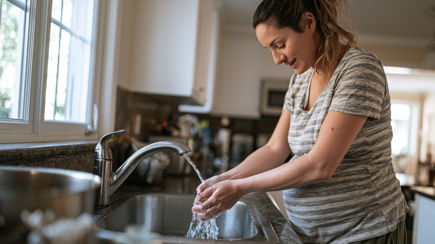 Femme enceinte se lavant soigneusement les mains à l'évier de sa cuisine